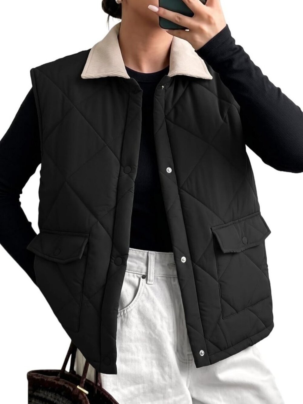 Cozy Quilted Lapel Collar Puffer Vest for Women with Pockets - Stylish & Warm